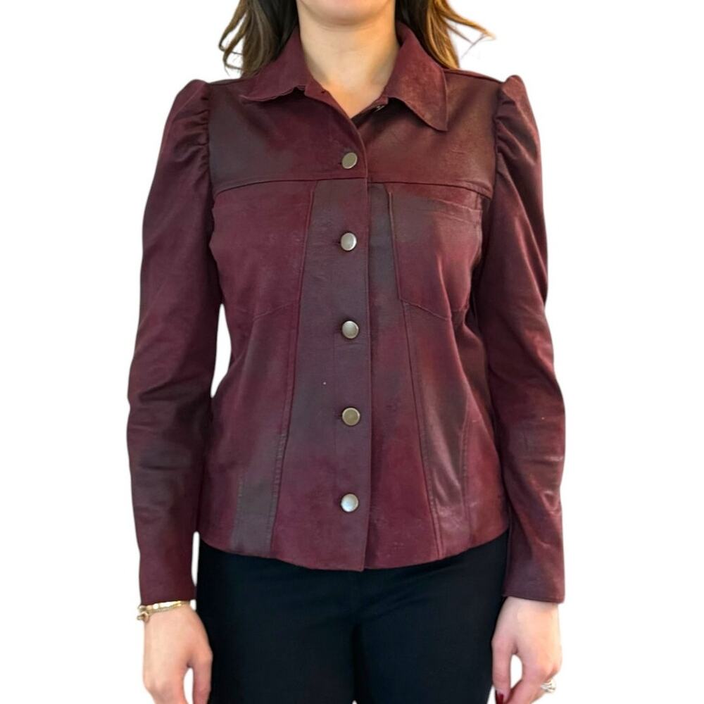 DREW Faux Suede Long Sleeve Collared Shirt Jacket Shacket Size XS Burgundy